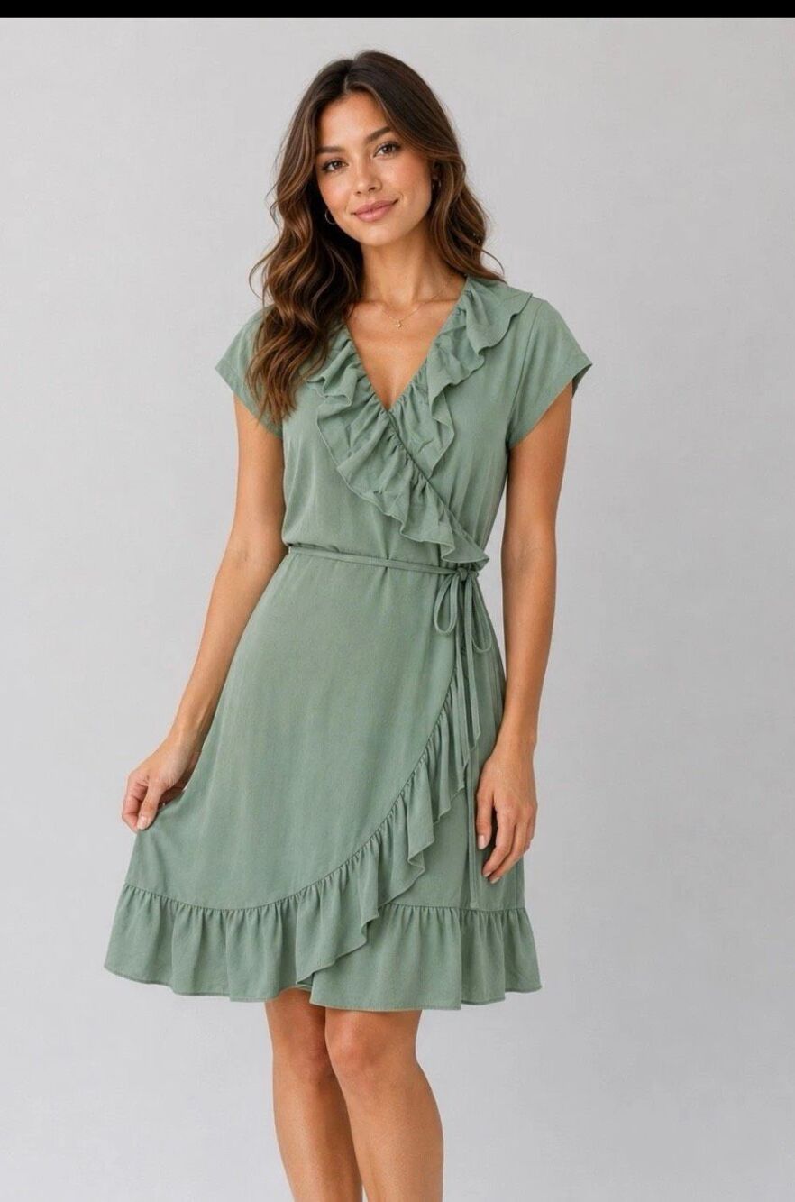 Matilda Jane woman’s Small light as air sage green ruffles wrap dress career